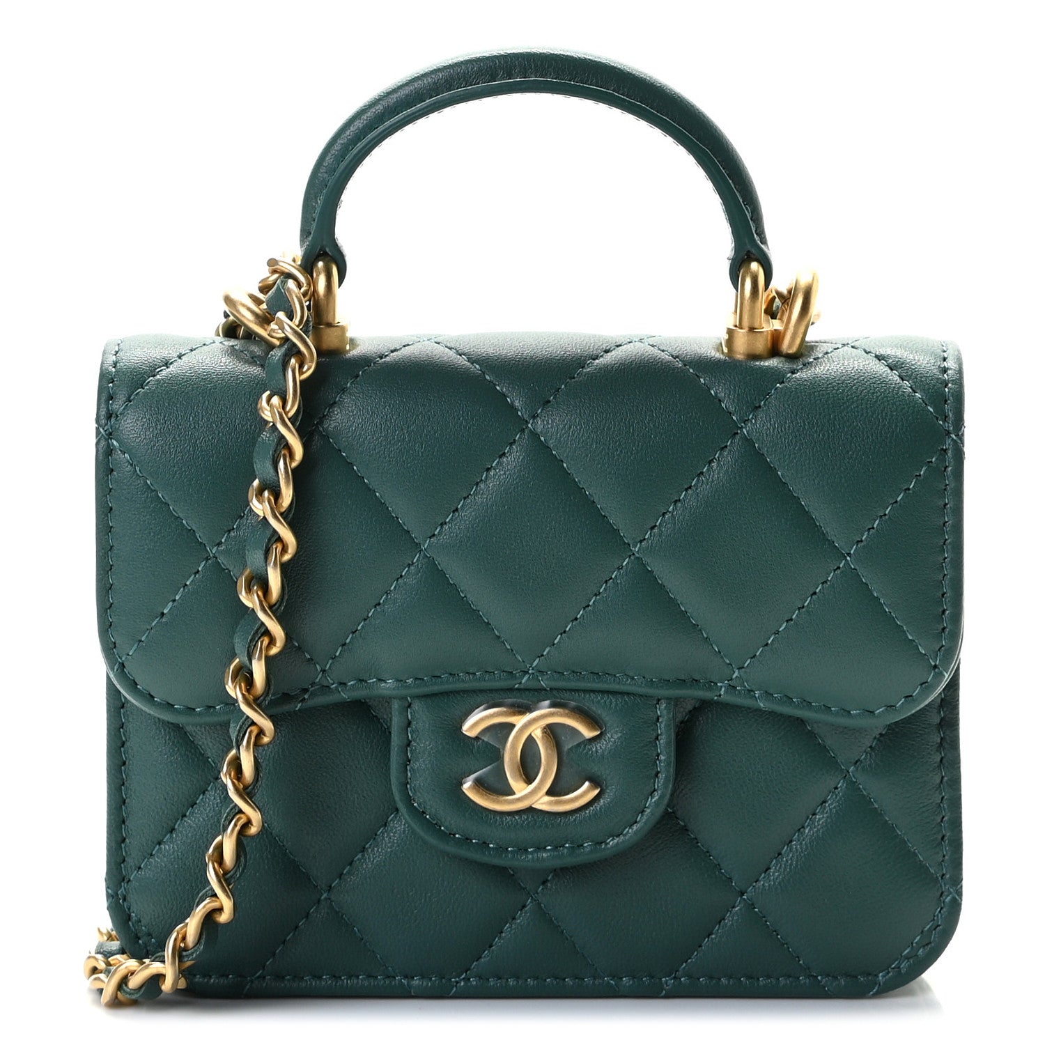 Chanel Lambskin Quilted Top Handle Flap Coin Purse With Chain Green 1 of 8