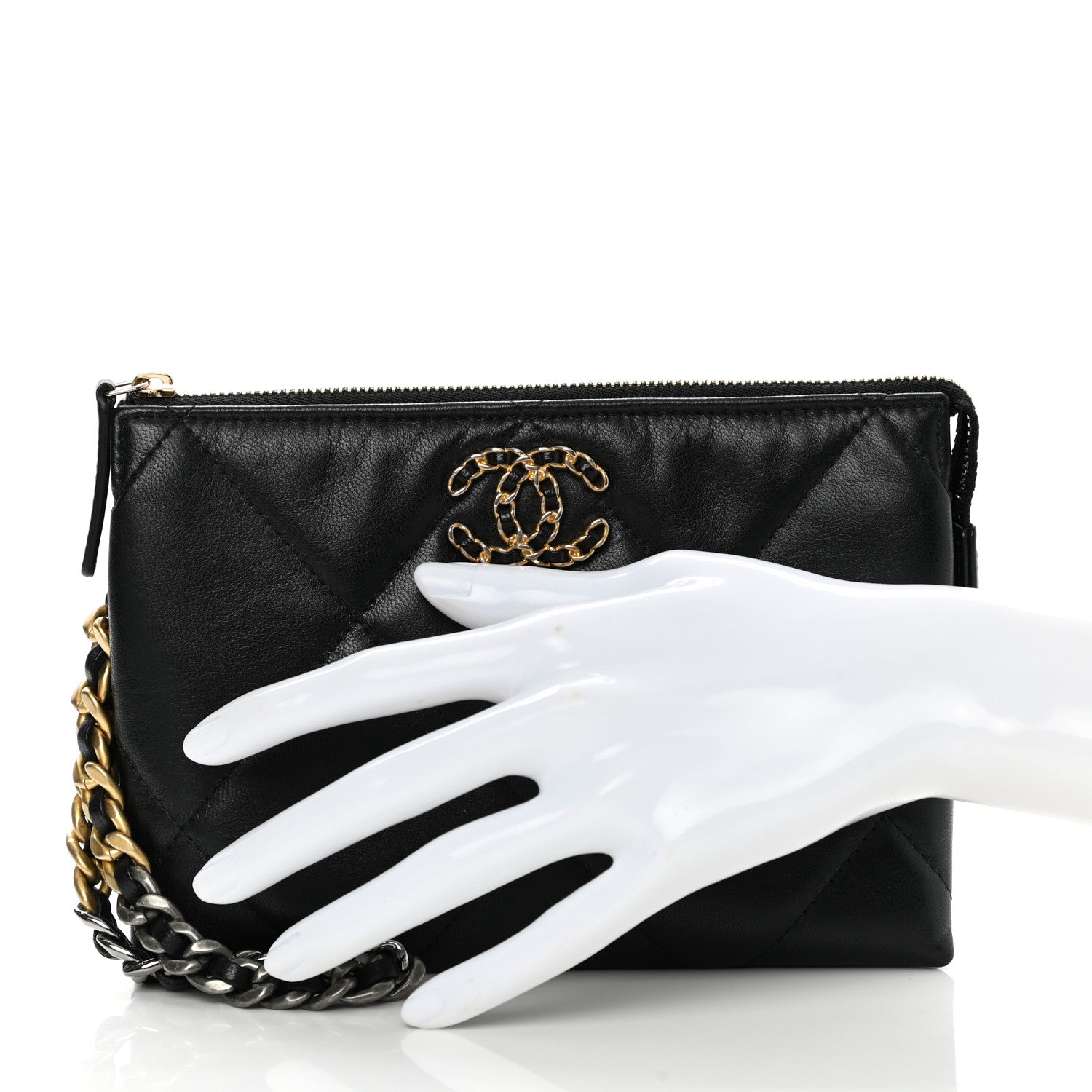 Chanel Shiny Goatskin Quilted Small Chanel 19 Pouch With Handle Black 3 of 9