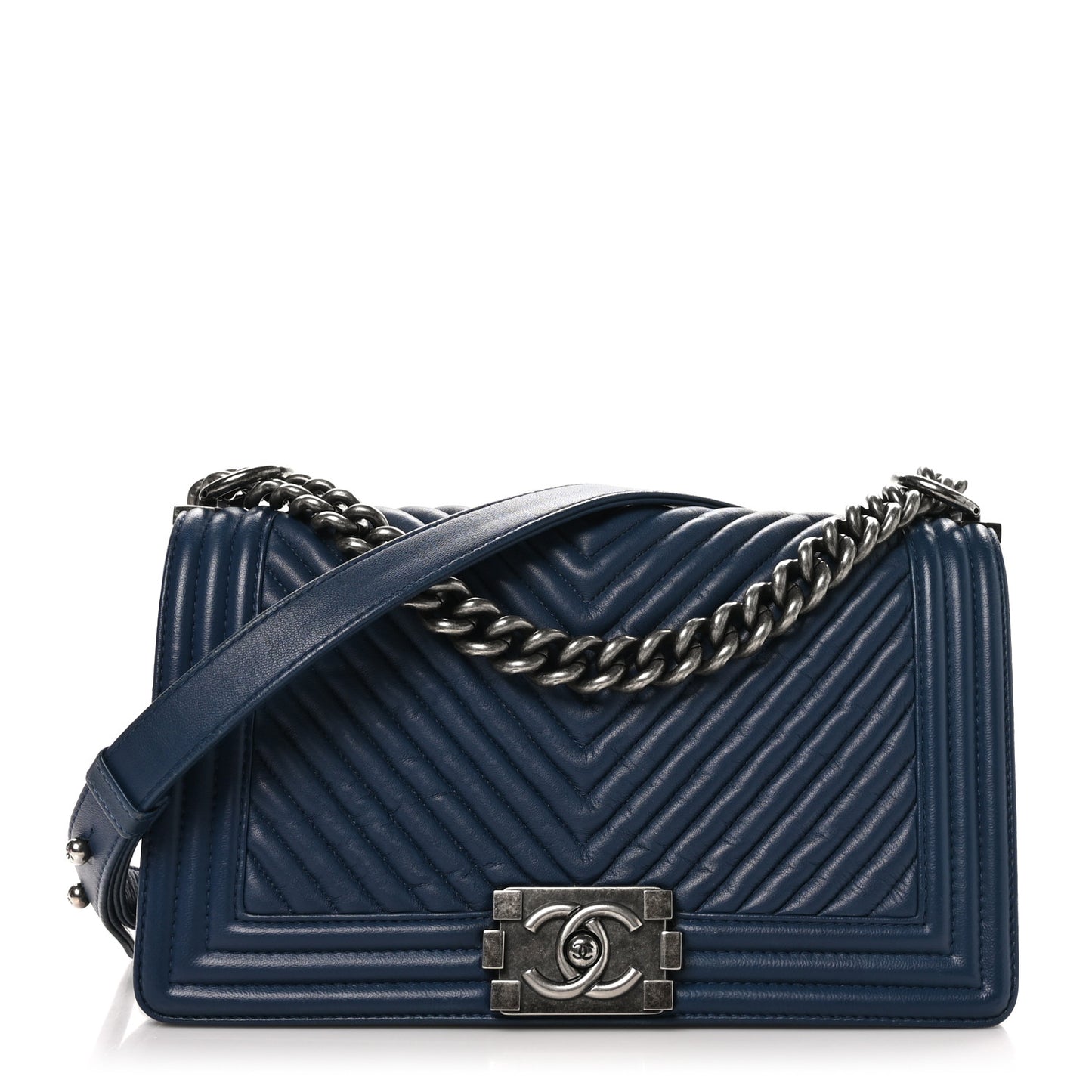 Wrinkled Lambskin Chevron Quilted Medium Boy Flap Navy