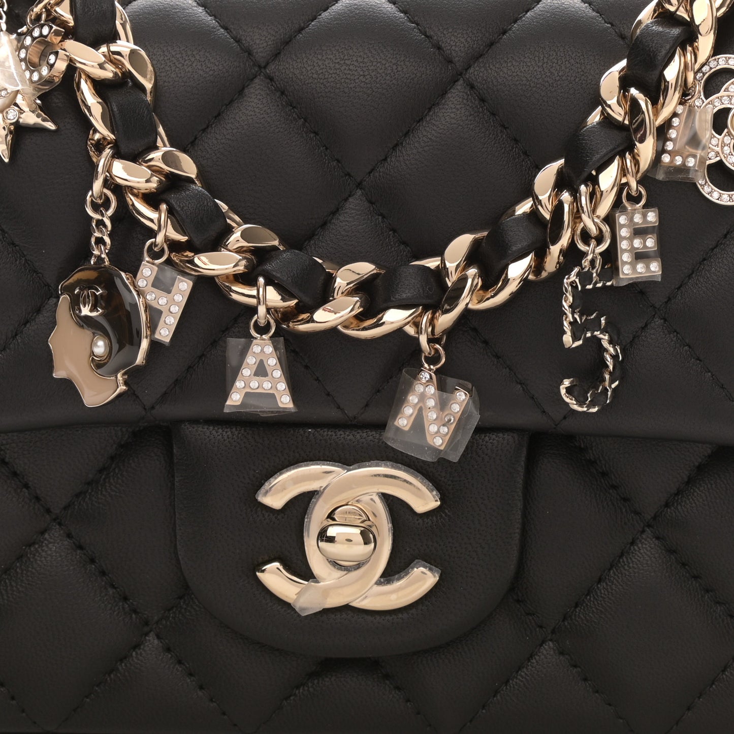 Lambskin Quilted Mini Coco Charms Rectangular Flap Black