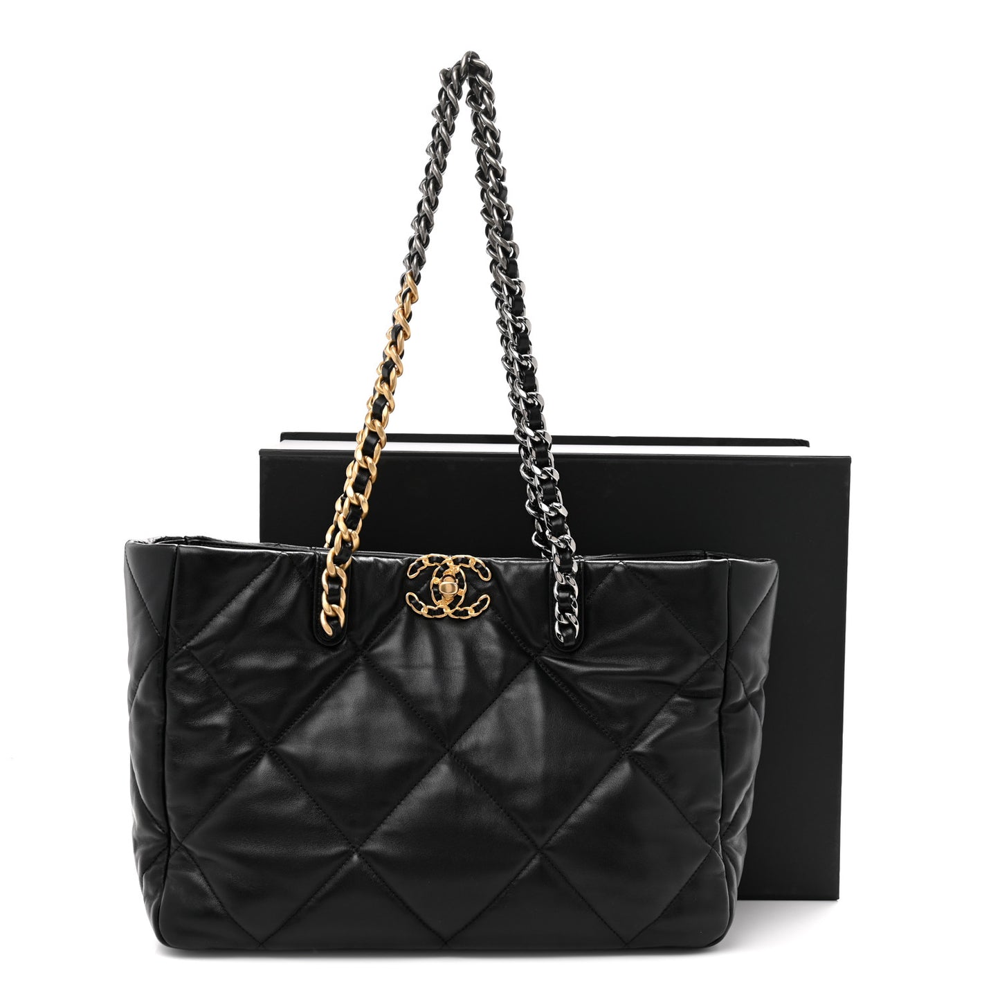 Lambskin Quilted Chanel 19 East West Shopping Bag Black