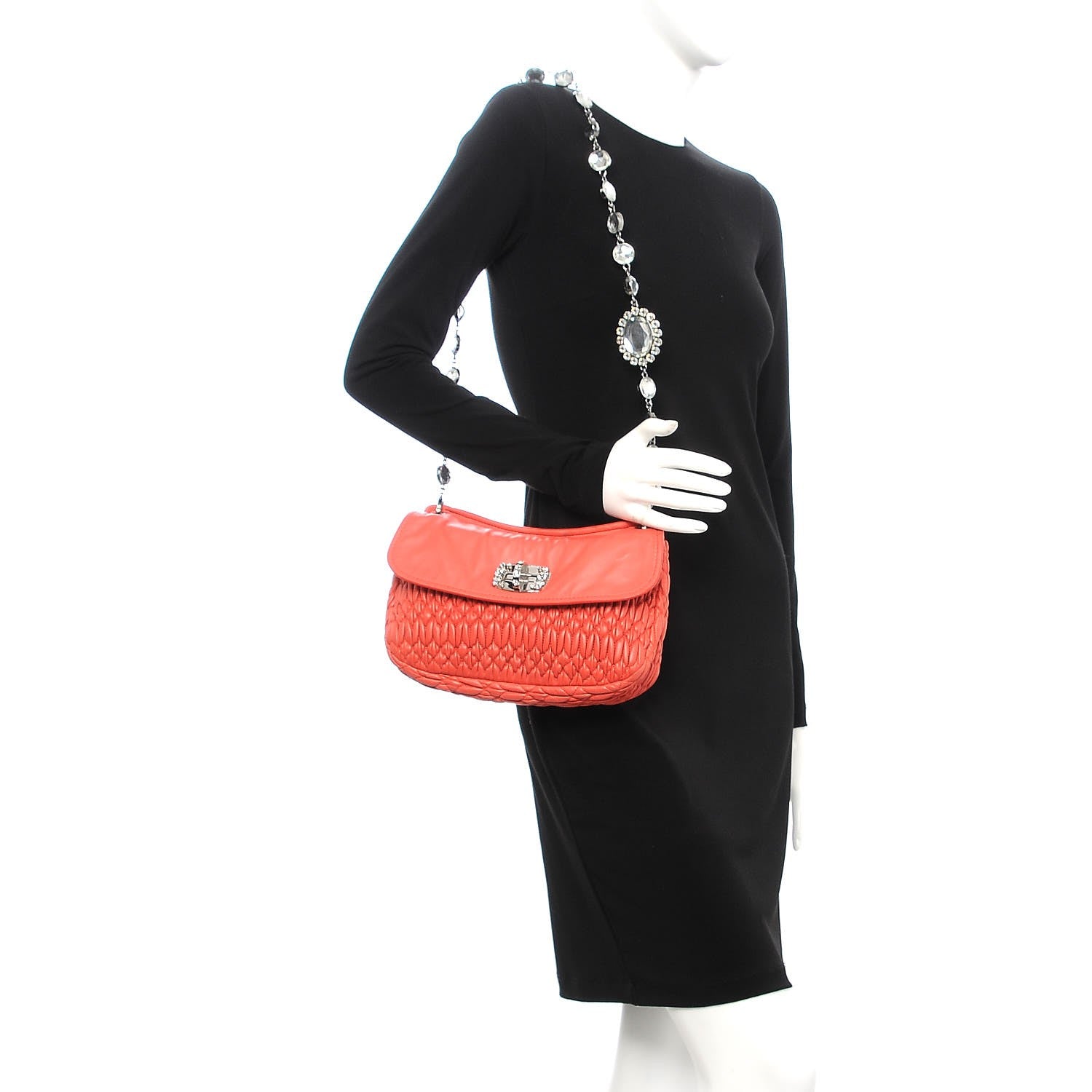 Miu Miu Nappa Matelasse Crystal Flap Clutch Corallo 2 of 13