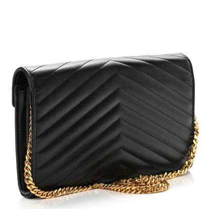 Saint Laurent Grain De Poudre Matelasse Chevron Monogram Chain Wallet Black 3 of 9