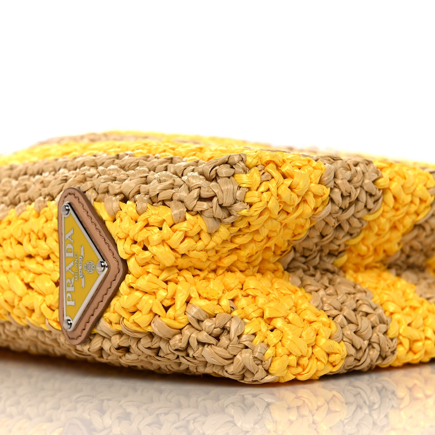 Prada Yarn Raffia Effect Crochet Striped Small Logo Tote Naturale Giallo 7 of 8