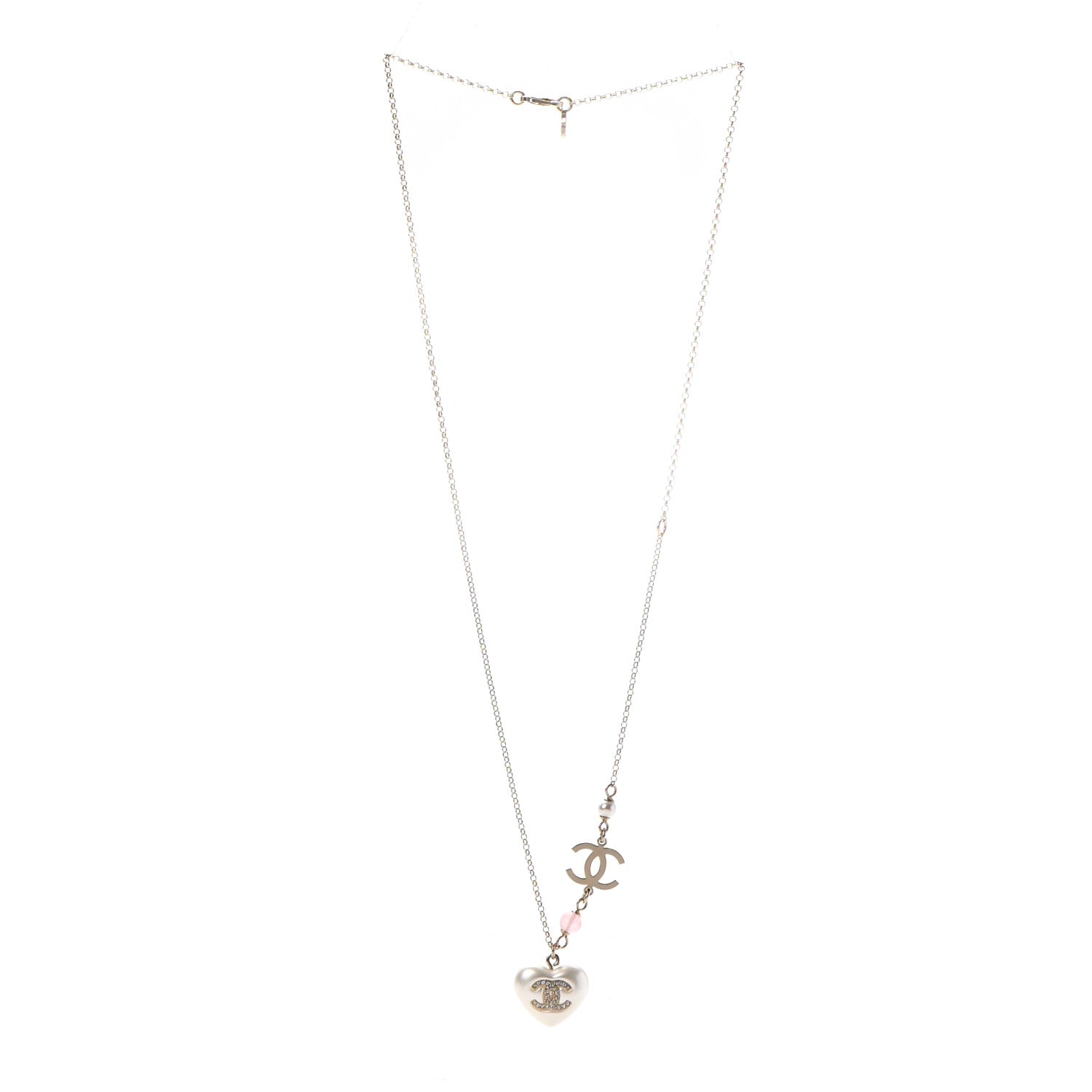 Chanel Resin Crystal CC Heart Necklace Pearly White Gold 3 of 5
