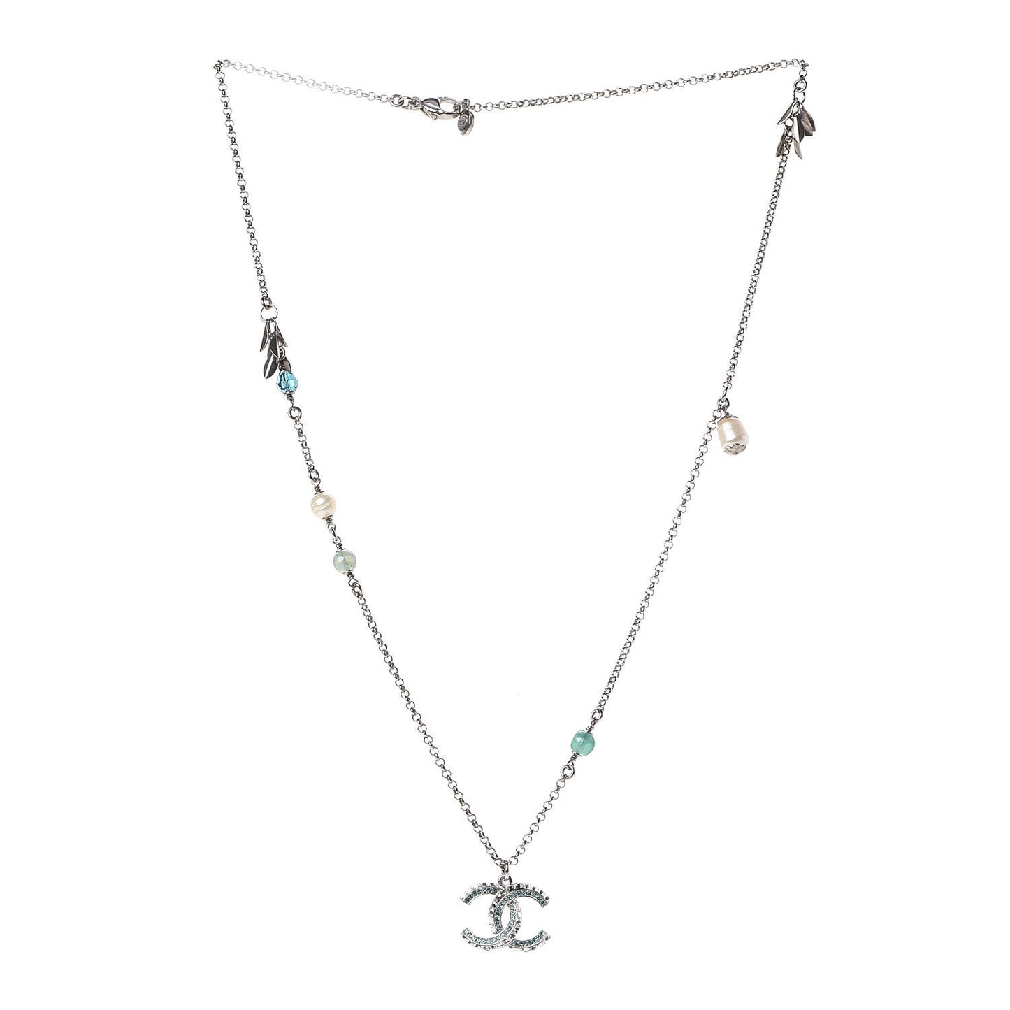 Crystal Pearl Bead CC Necklace Silver Green Blue