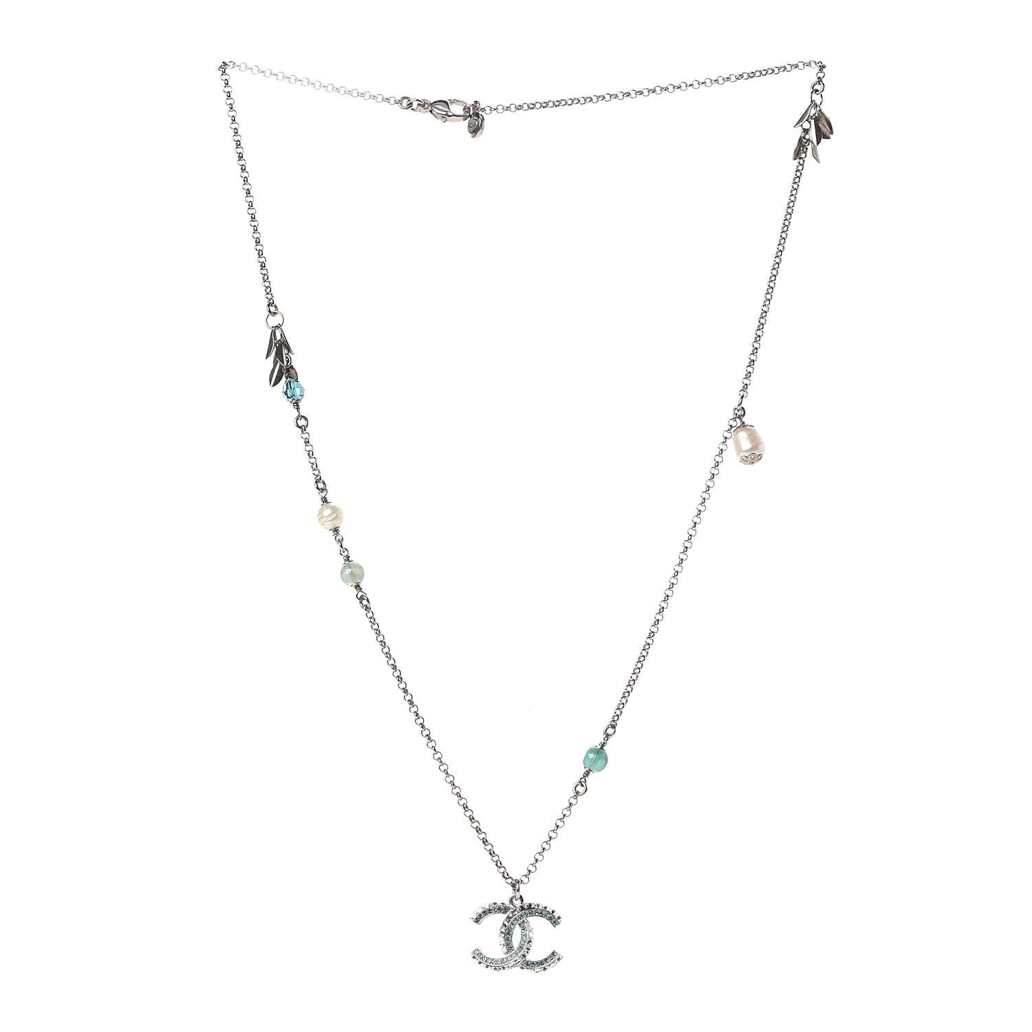 Chanel Crystal Pearl Bead CC Necklace Silver Green Blue 3 of 7