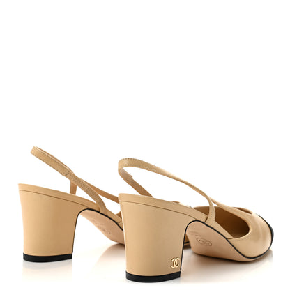 Chanel Goatskin Grosgrain Cap Toe CC Slingback Pumps 38.5 Beige Black 5 of 9