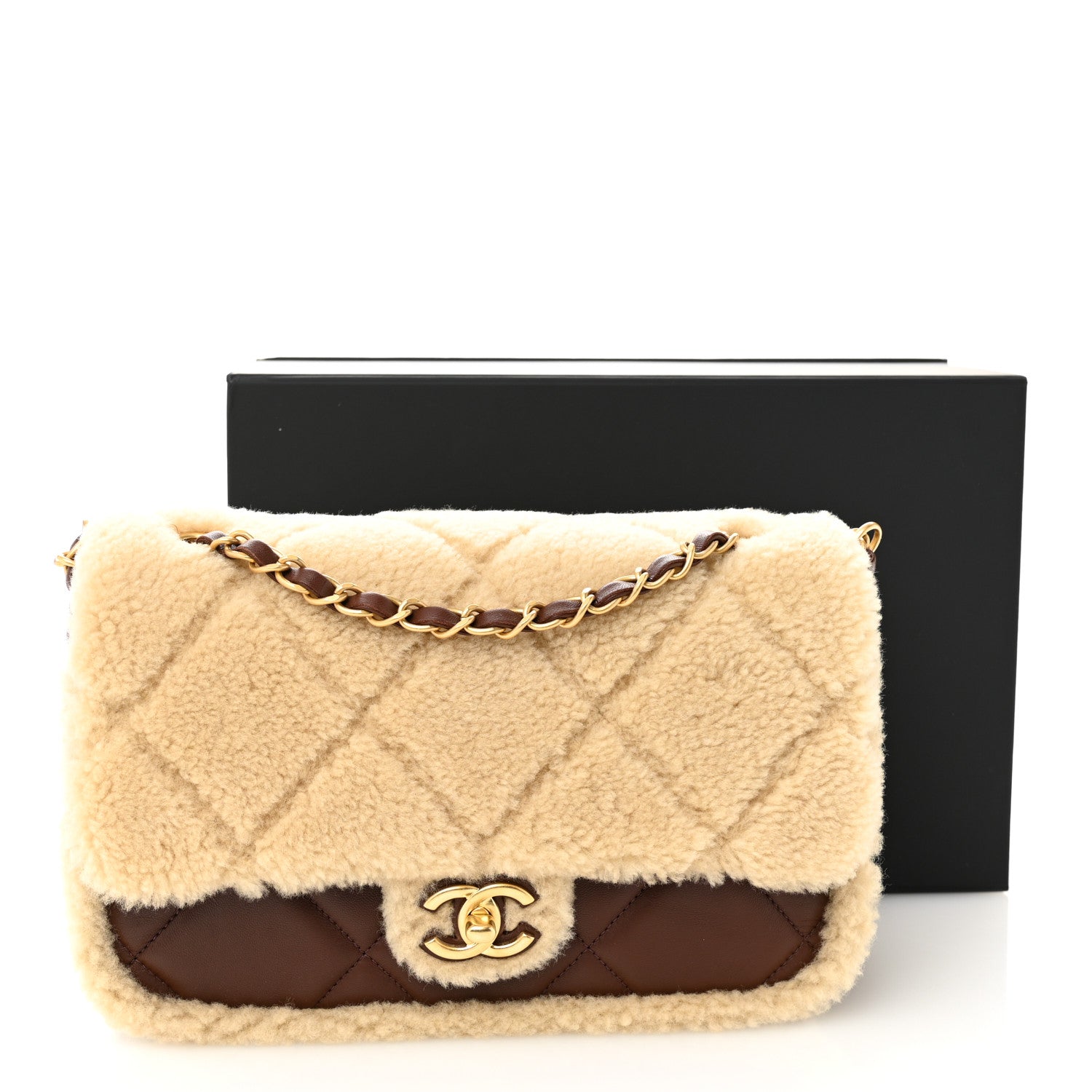 Chanel Shearling Lambskin Quilted Furry Coco Flap Beige Dark Brown