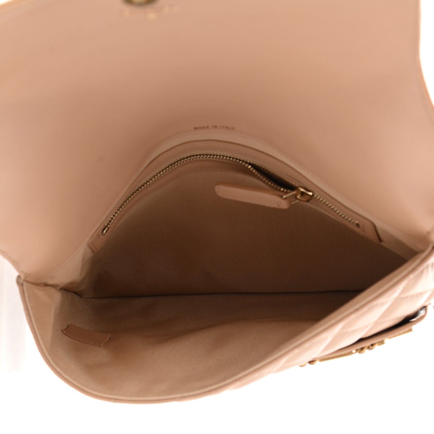 Calfskin Quilted Front Logo Enchained Clutch Beige