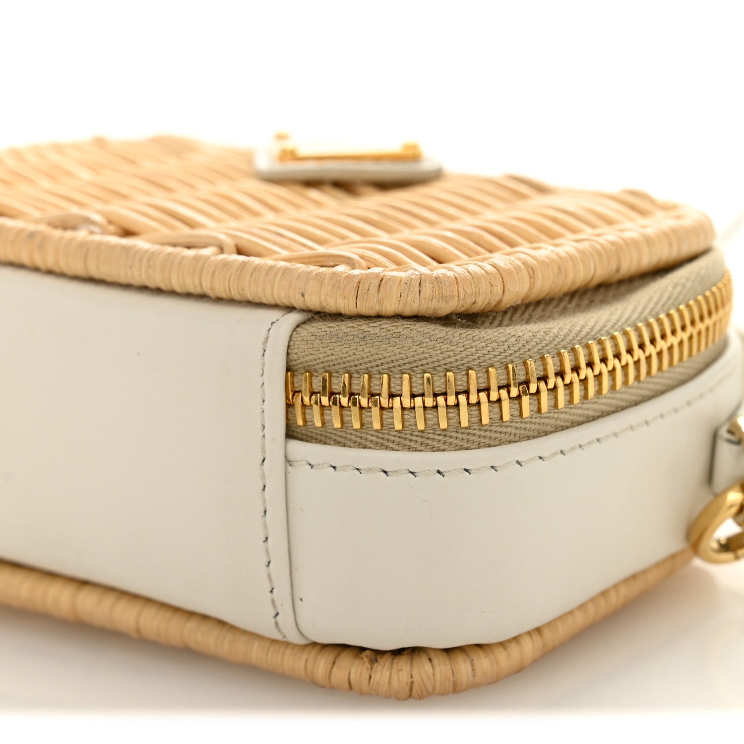 Prada Wicker Calfskin Metal Triangle Logo Mini Pouch Shoulder Bag Tan White 11 of 12