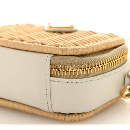 Prada Wicker Calfskin Metal Triangle Logo Mini Pouch Shoulder Bag Tan White 11 of 12