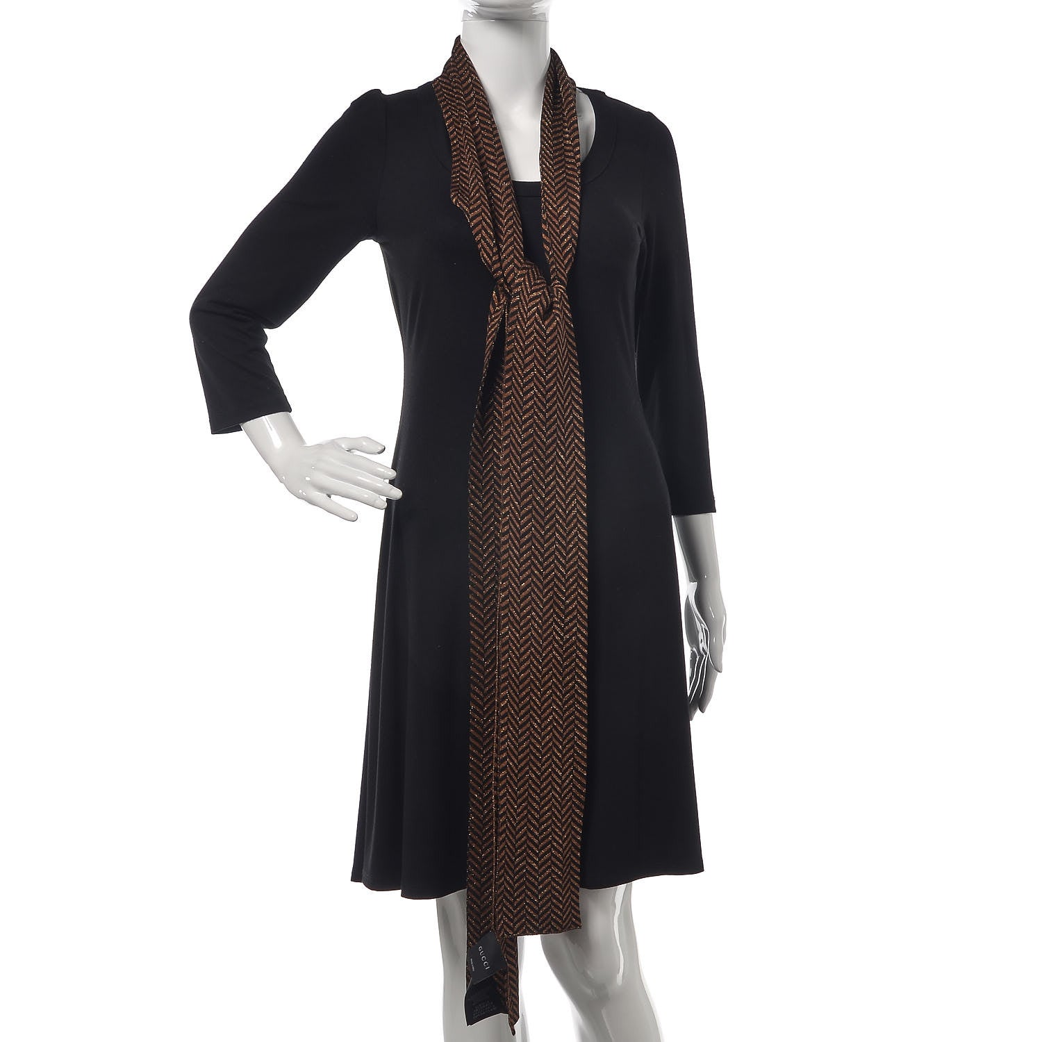 Gucci Viscose Polyester Lurex Chevron Skinny Scarf Black Bronze 2 of 4