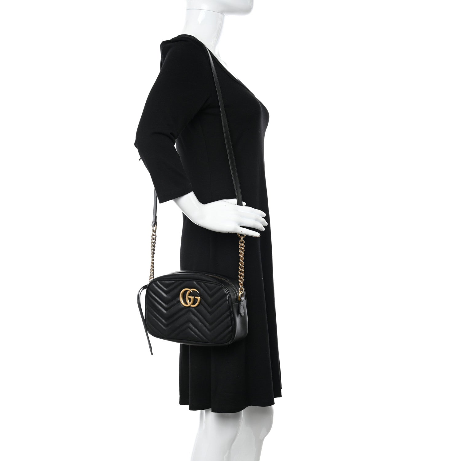 Gucci Calfskin Matelasse Small GG Marmont Chain Shoulder Bag Black 2 of 12