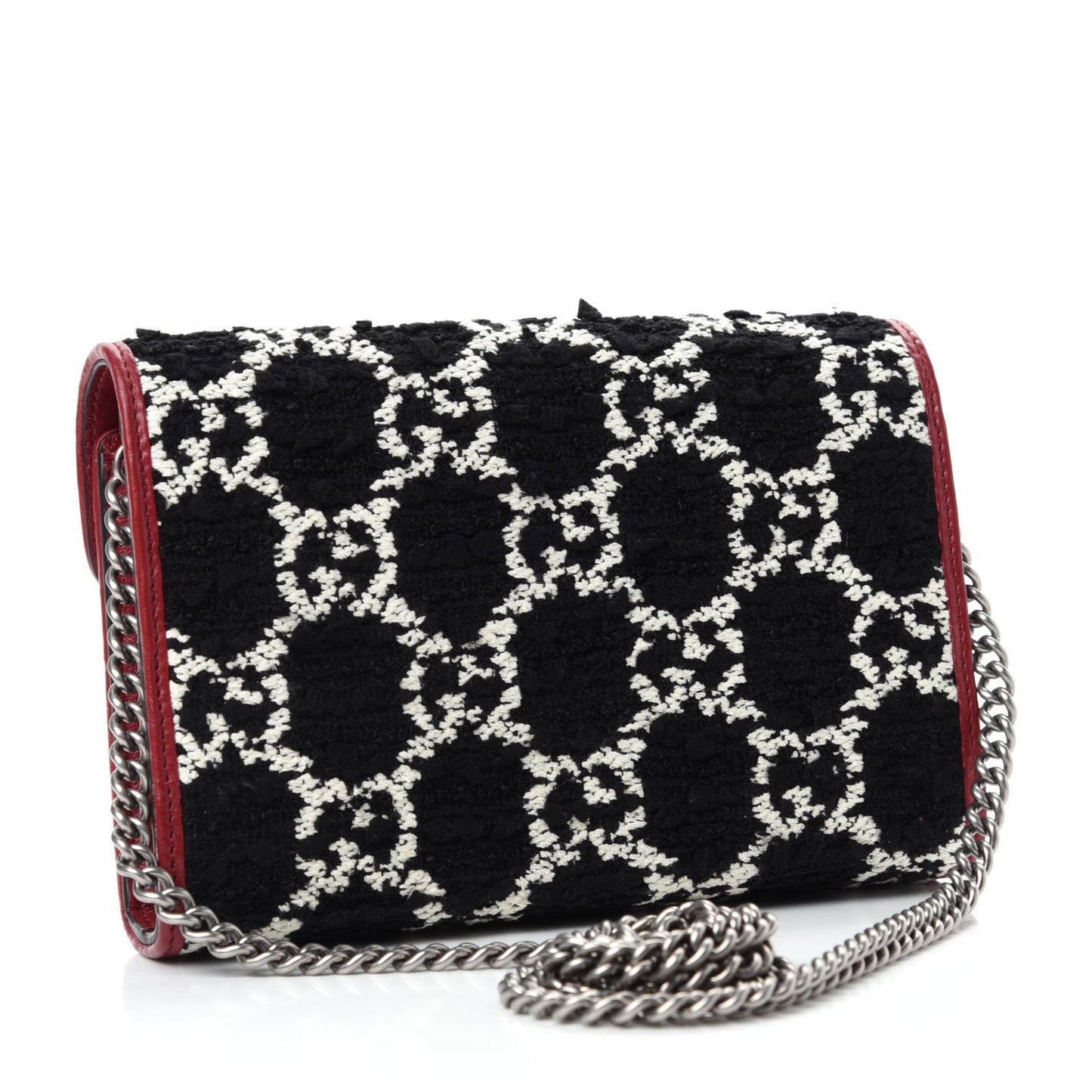 Tweed GG Monogram Mini Dionysus Chain Wallet Black White Romantic Cherry