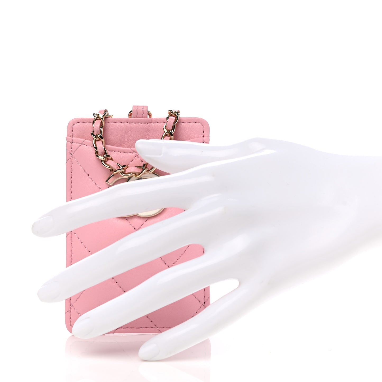 Lambskin Quilted Chanel Card Holder On Chain Pink