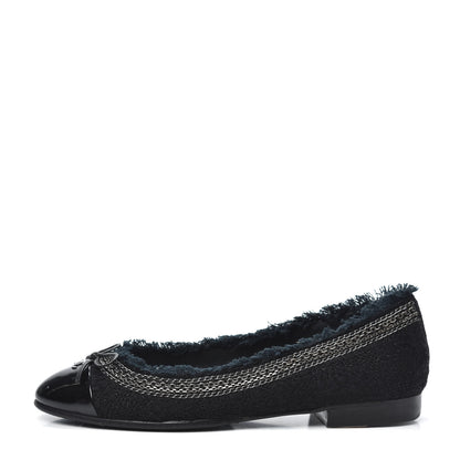 Chanel Tweed Patent Cap Toe Ballerina Flats 37.5 Black 1 of 7
