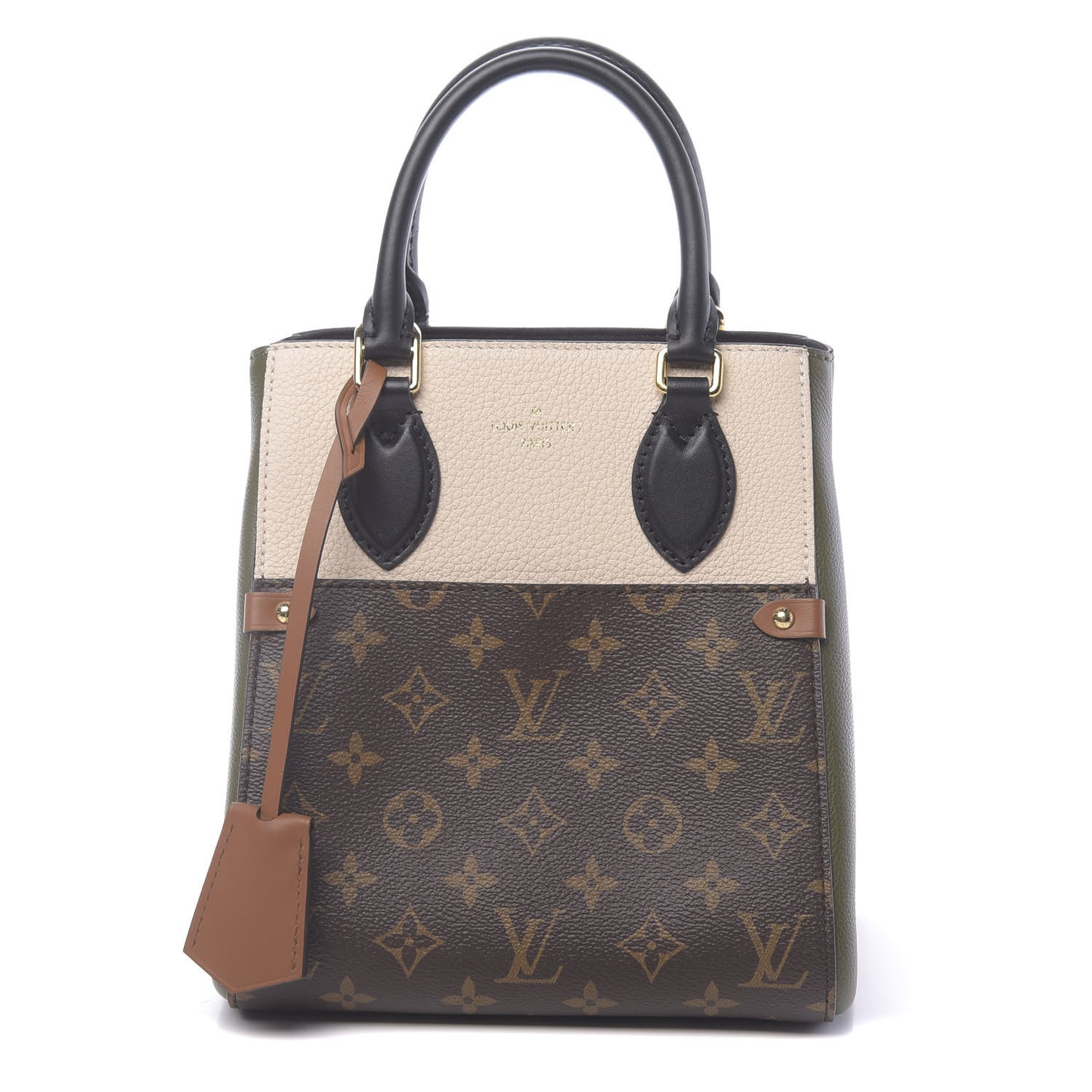 Calfskin Monogram Fold Tote Black Khaki Cream