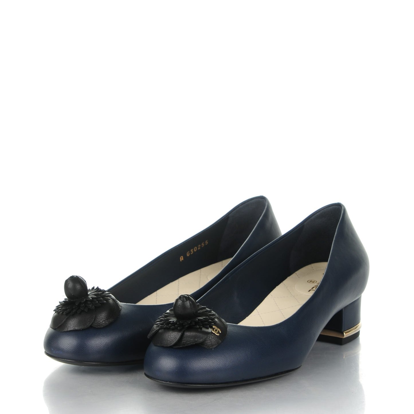 Lambskin Patent Calfskin Pearl Camellia Cap Toe Pumps 37 Dark Navy Blue
