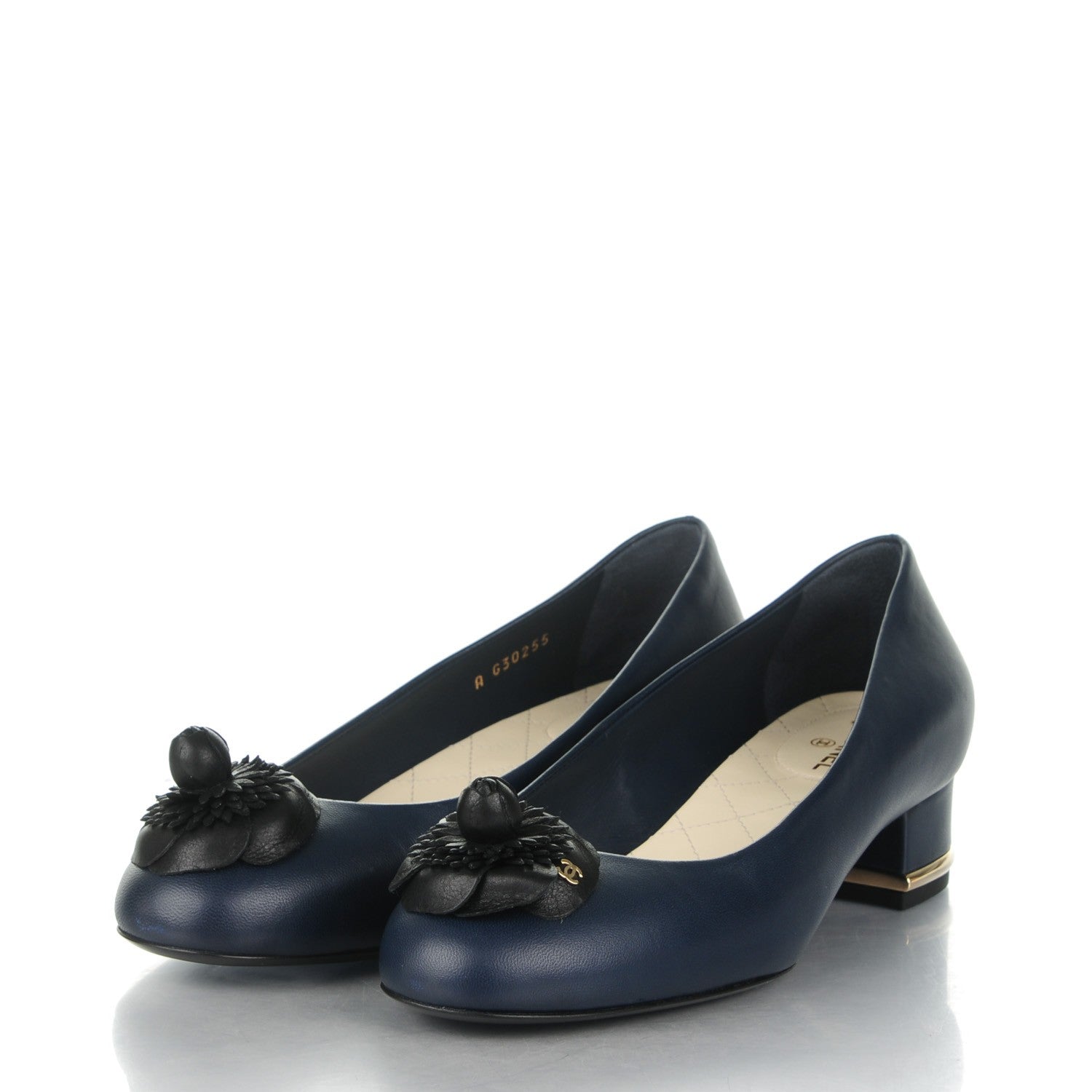 Chanel Lambskin Patent Calfskin Pearl Camellia Cap Toe Pumps 37 Dark Navy Blue 3 of 8