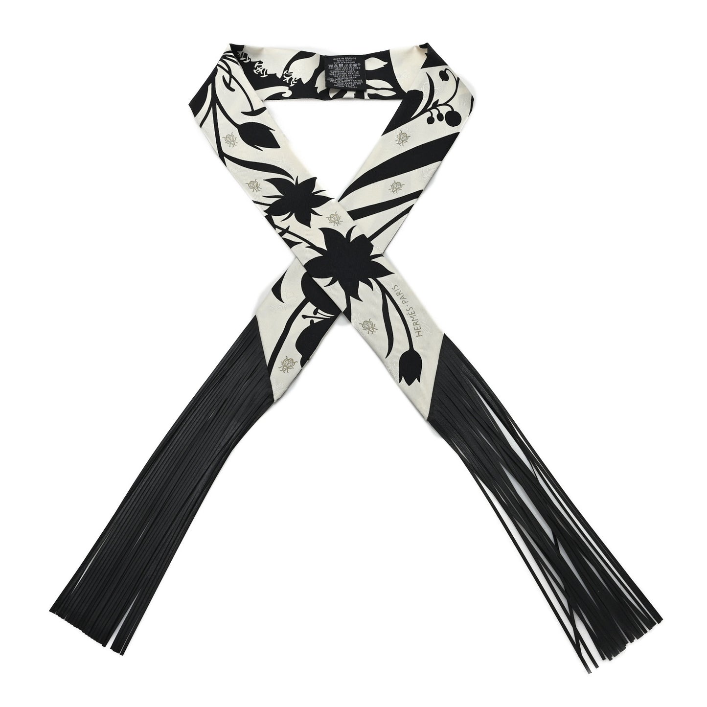 Silk Calfskin Bouquet Final Fringed Twilly Creme Black
