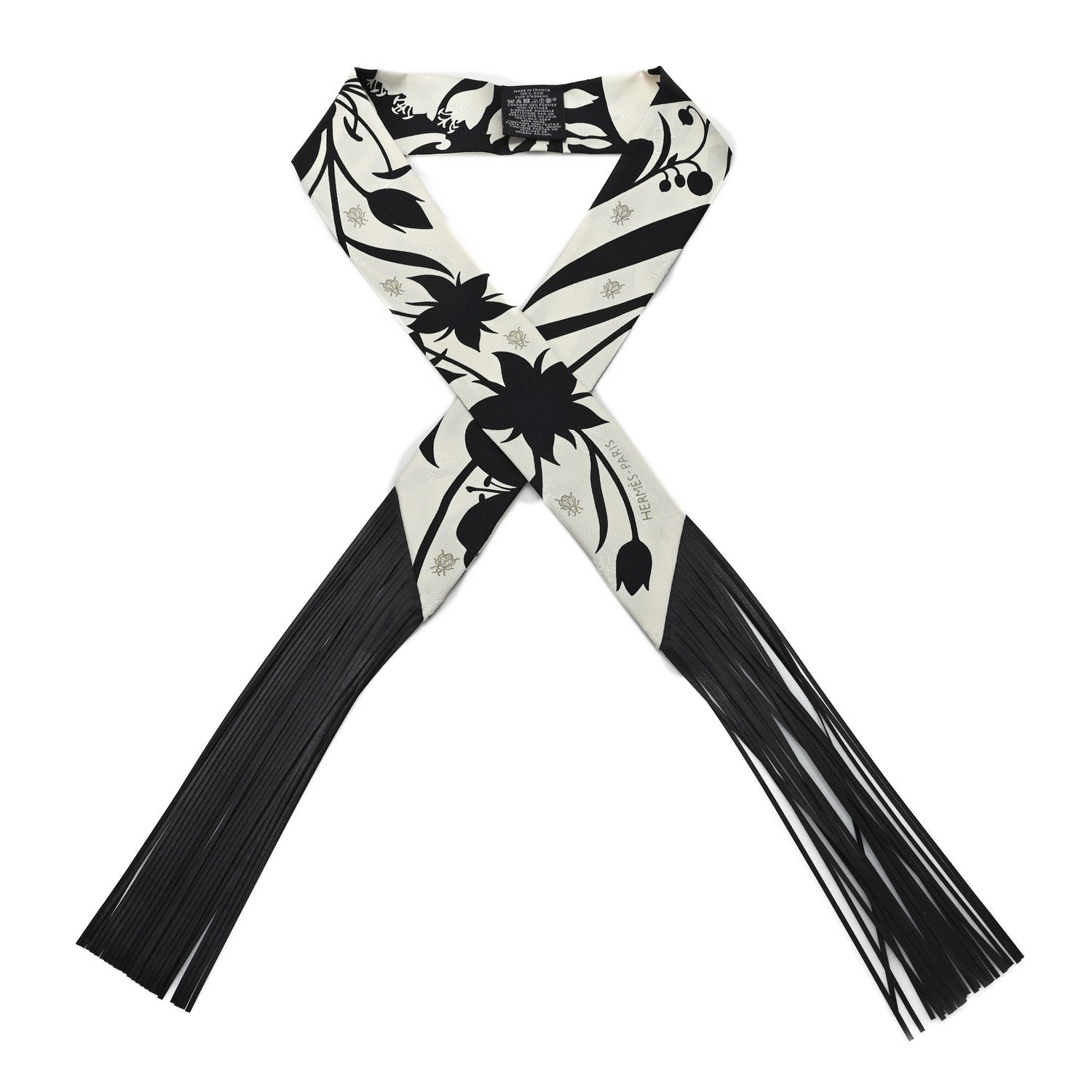 Hermes Silk Calfskin Bouquet Final Fringed Twilly Creme Black 1 of 3