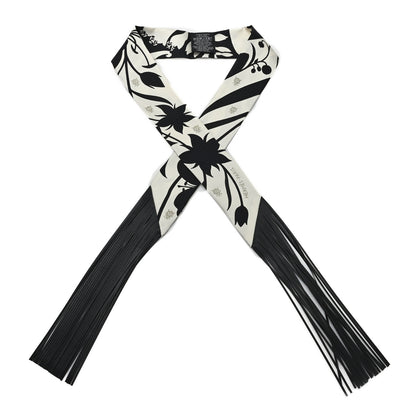 Hermes Silk Calfskin Bouquet Final Fringed Twilly Creme Black 1 of 3