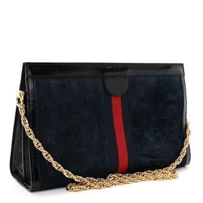 Gucci Suede Patent Web Dragon Embroidered Medium Ophidia Chain Shoulder Bag Blue Multicolor Black 3 of 10