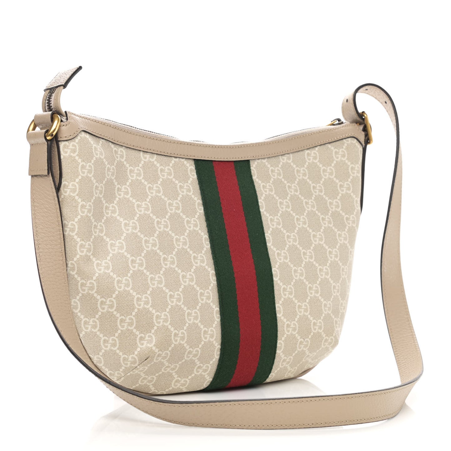 GG Supreme Monogram Textured Dollar Calfskin Web Small Ophidia Half Moon Hobo Beige Mystic White Oatmeal