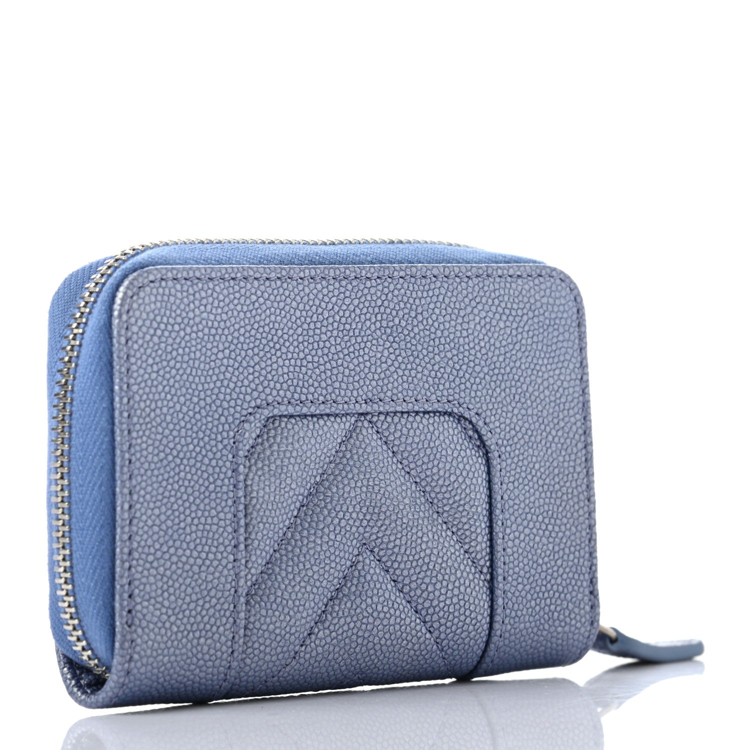 Chanel Metallic Caviar Chevron Quilted Vintage Mademoiselle Zip Coin Purse Light Blue 3 of 7
