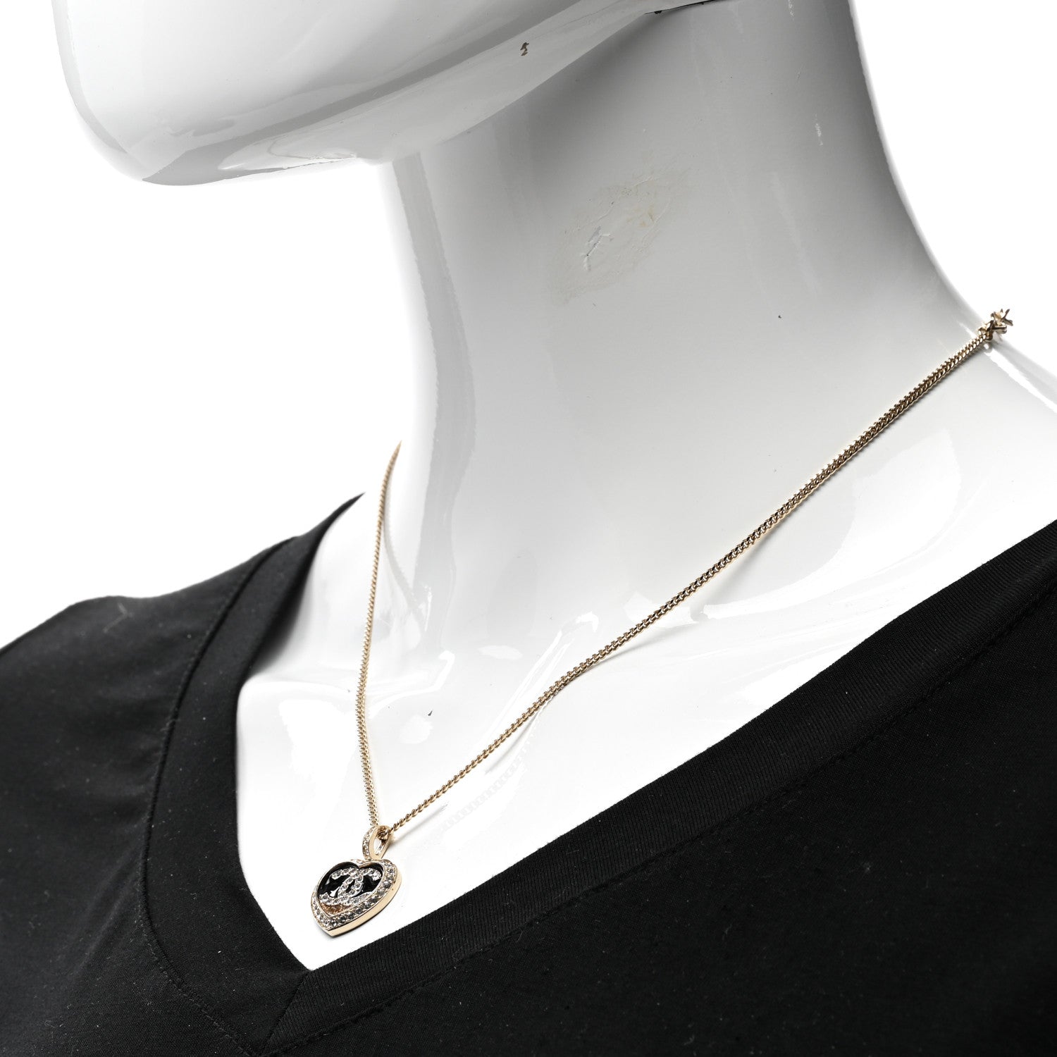 Chanel Resin Crystal Glitter CC Heart Necklace Black Gold 2 of 6