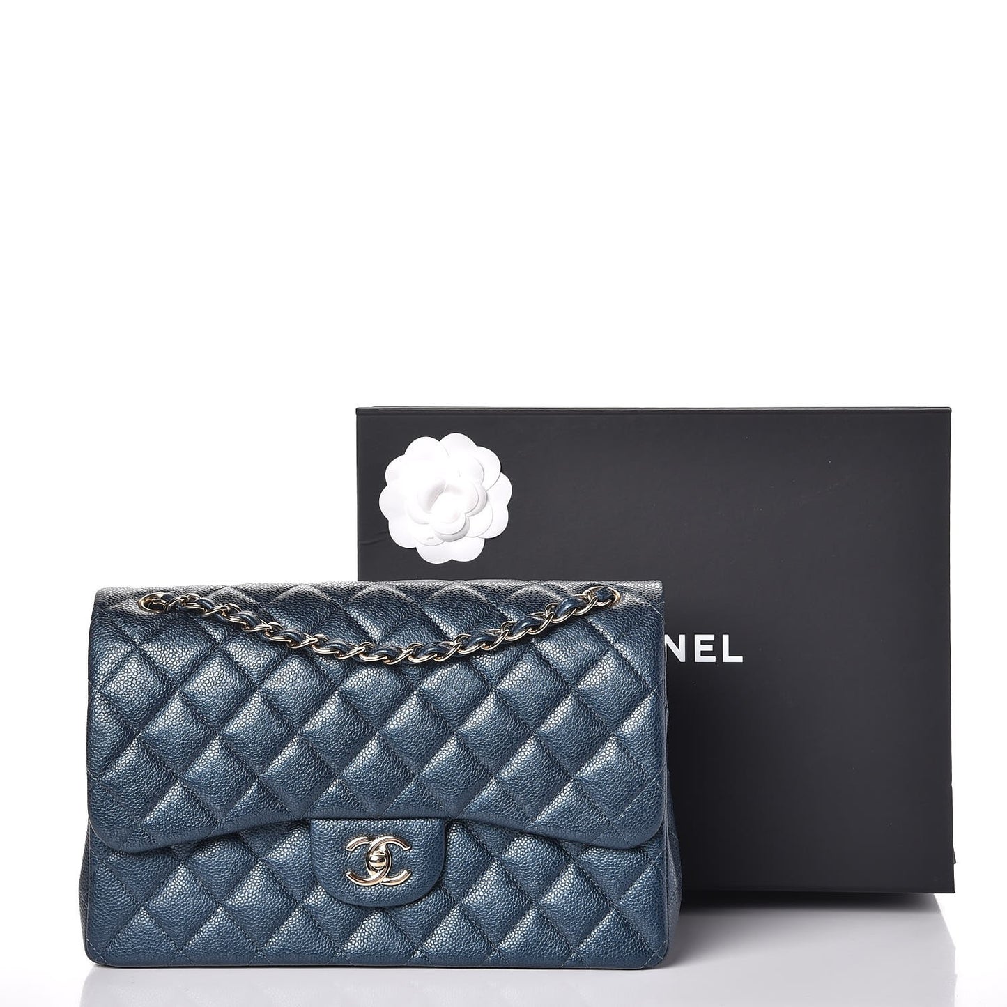 Metallic Caviar Quilted Jumbo Double Flap Dark Blue