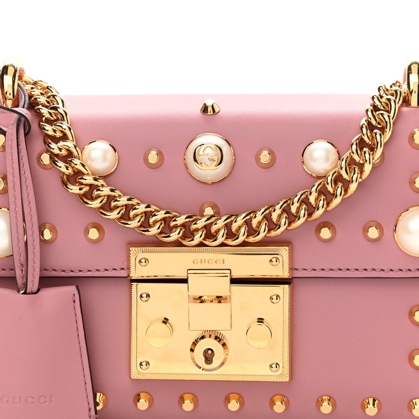 Calfskin Studded Small Padlock Shoulder Bag Carmine Rose