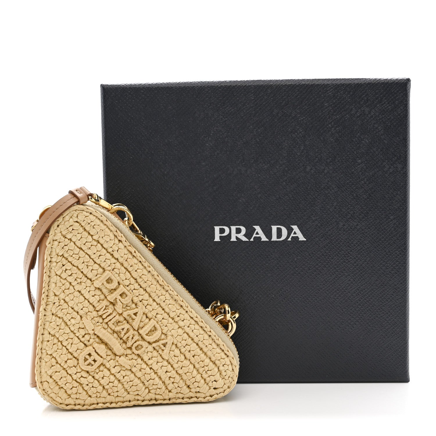 Prada Raffia Calfskin Crochet Logo Embroidered Mini Triangle