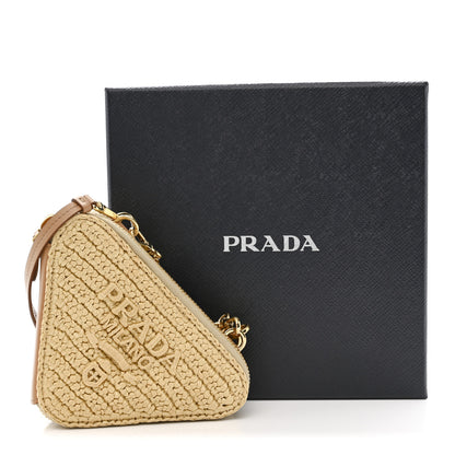 Prada Raffia Calfskin Crochet Logo Embroidered Mini Triangle Crossbody Pouch Naturale 12 of 12