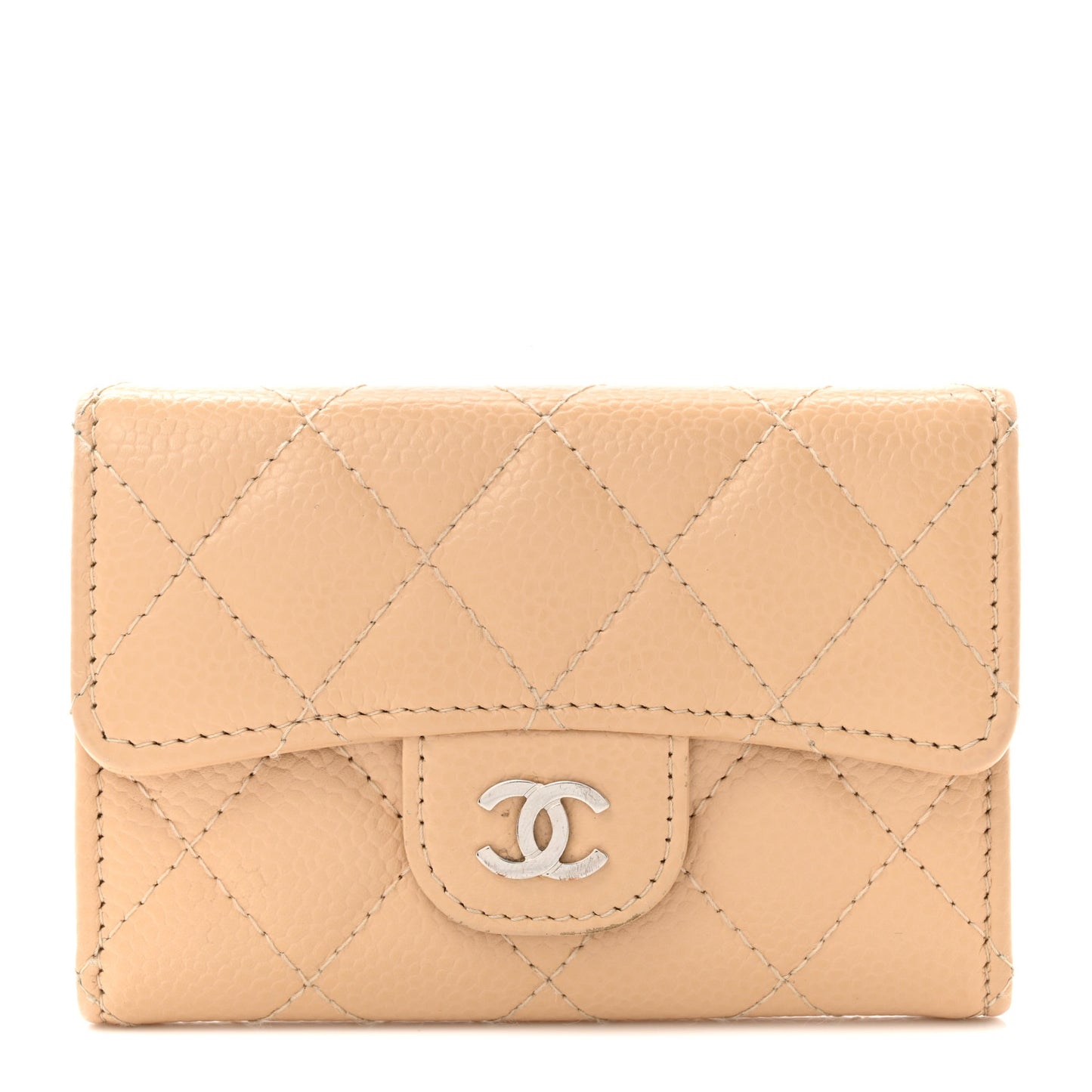 Caviar Quilted Flap Card Holder Wallet Light Beige