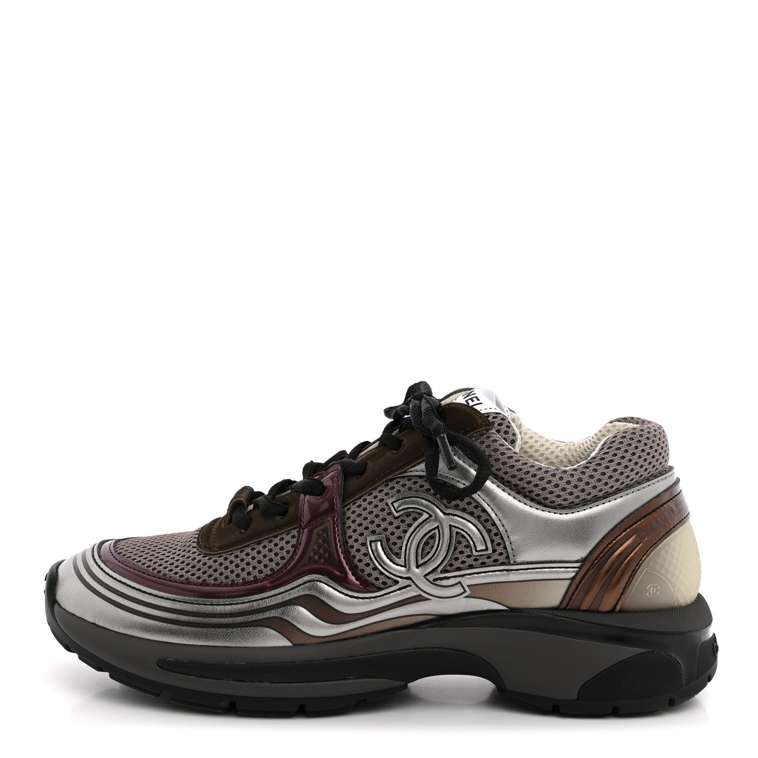 Chanel Fabric Laminated Calfskin Stretch CC Womens Sneakers 37.5 Khaki Silver Dark Purple 1 of 11
