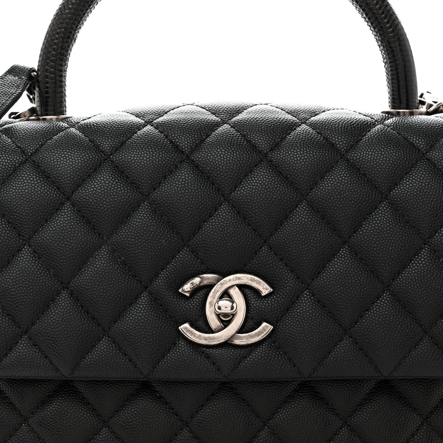 Caviar Lizard Embossed Quilted Small Coco Handle Flap Black