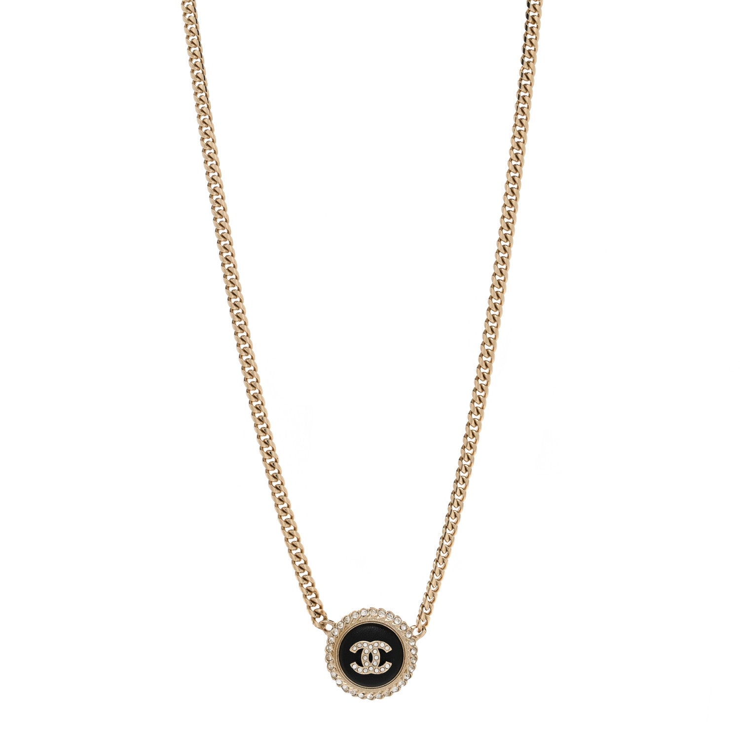 Chanel Metal Lambskin Crystal CC Pendant Necklace Black Gold 1 of 4