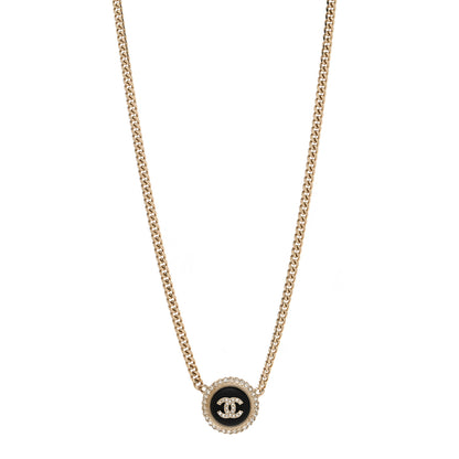 Chanel Metal Lambskin Crystal CC Pendant Necklace Black Gold 1 of 4