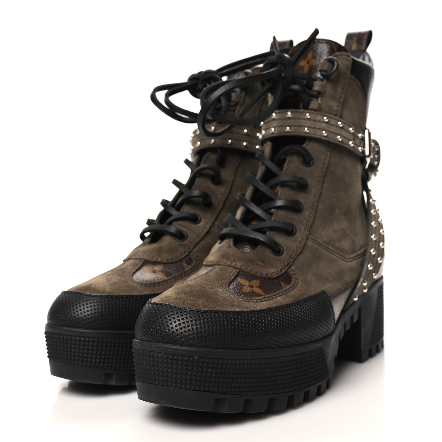 Suede Calfskin Monogram Laureate Platform Desert Boots 36.5 Kaki