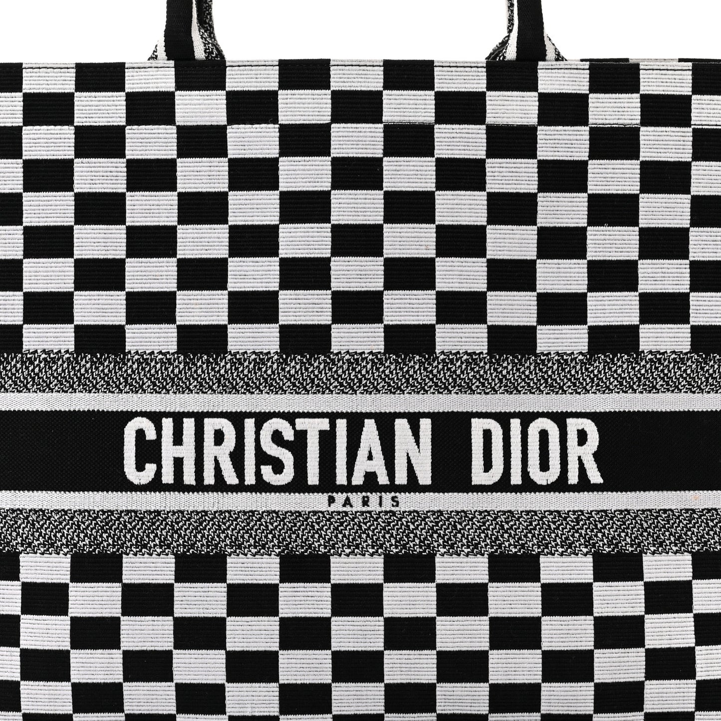 Canvas Embroidered Checkered Book Tote Black White
