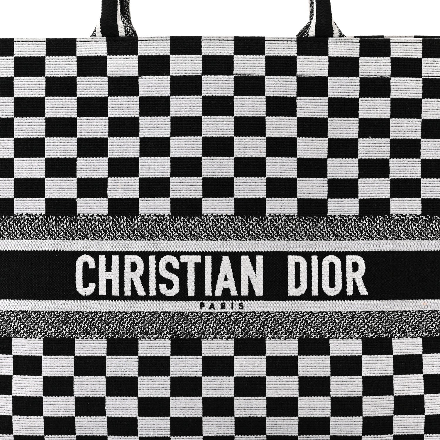 Christian Dior Canvas Embroidered Checkered Book Tote Black White 8 of 10