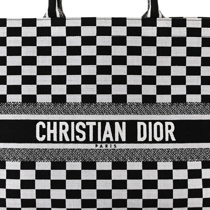 Christian Dior Canvas Embroidered Checkered Book Tote Black White 8 of 10