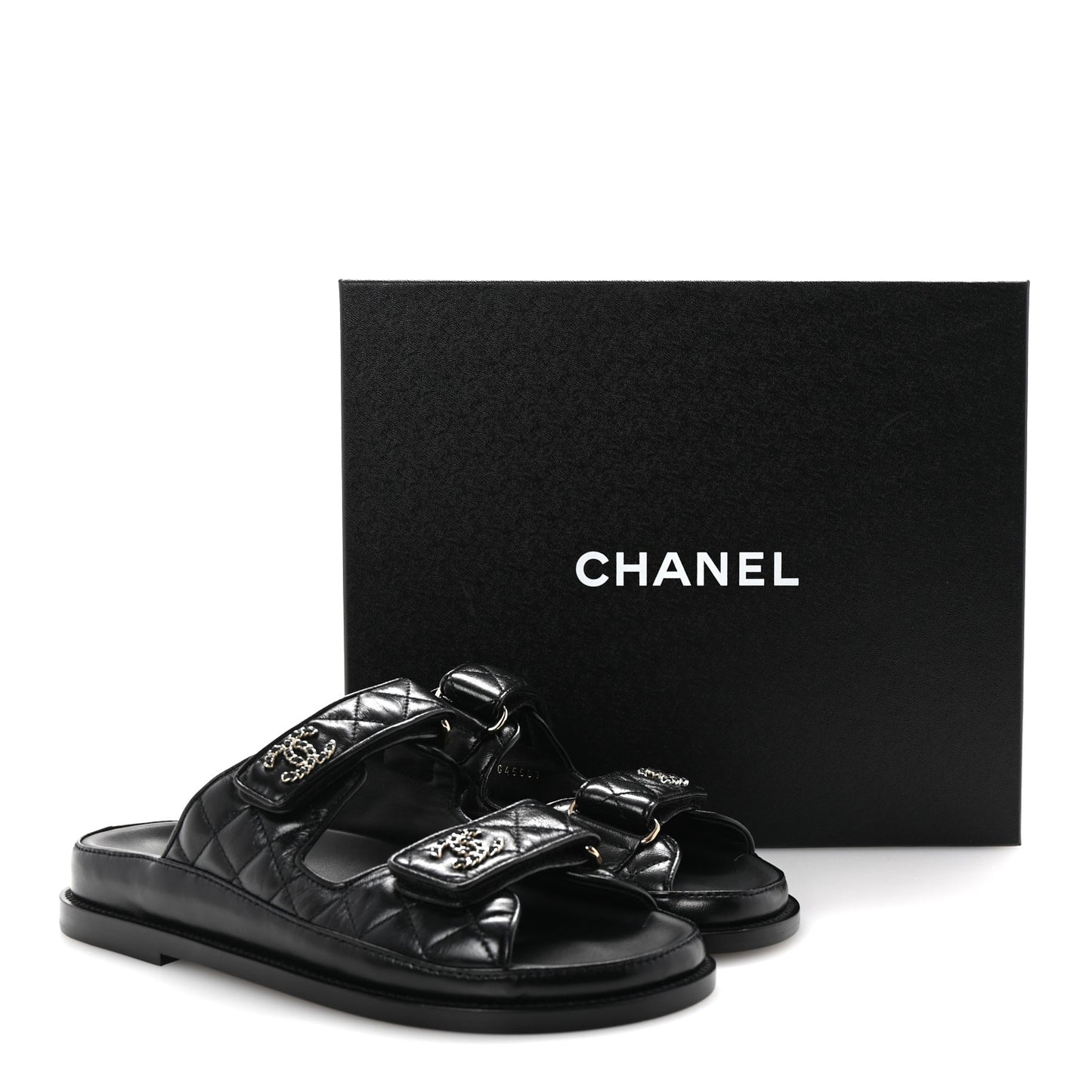 Lambskin Quilted Velcro Dad Chain CC Slide Sandals 36.5 Black