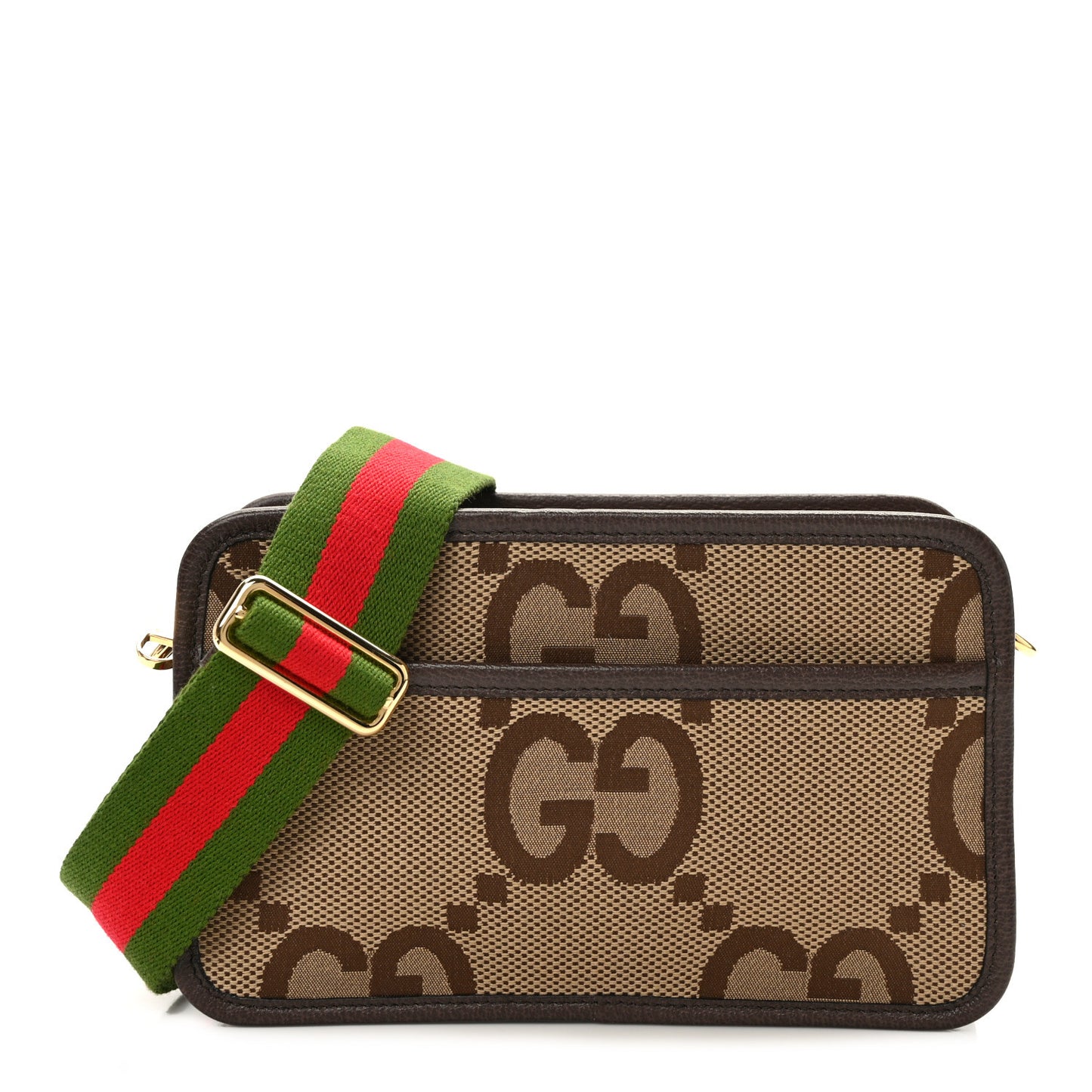 Monogram Jumbo GG Textured Dollar Calfskin Web Mini Crossbody Bag Camel Ebony New Acero