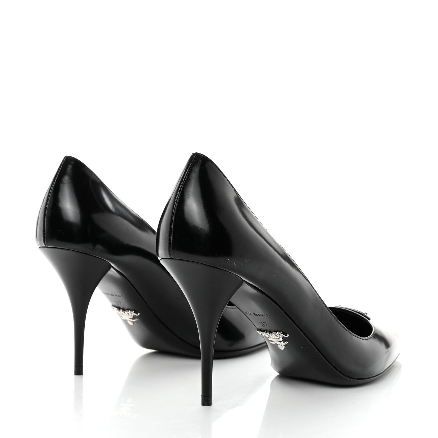 Prada Spazzolato Metal Triangle Logo Pointed Toe Pumps 37 Black 4 of 7