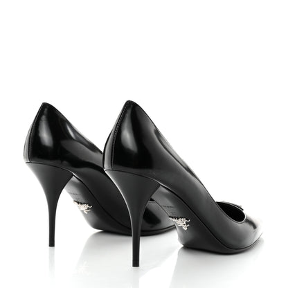 Prada Spazzolato Metal Triangle Logo Pointed Toe Pumps 37 Black 4 of 7
