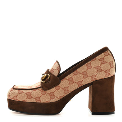 Gucci GG Monogram Suede Houdan Mid Heel Platform Loafers 38 Beige Ruggine Maroon 1 of 7