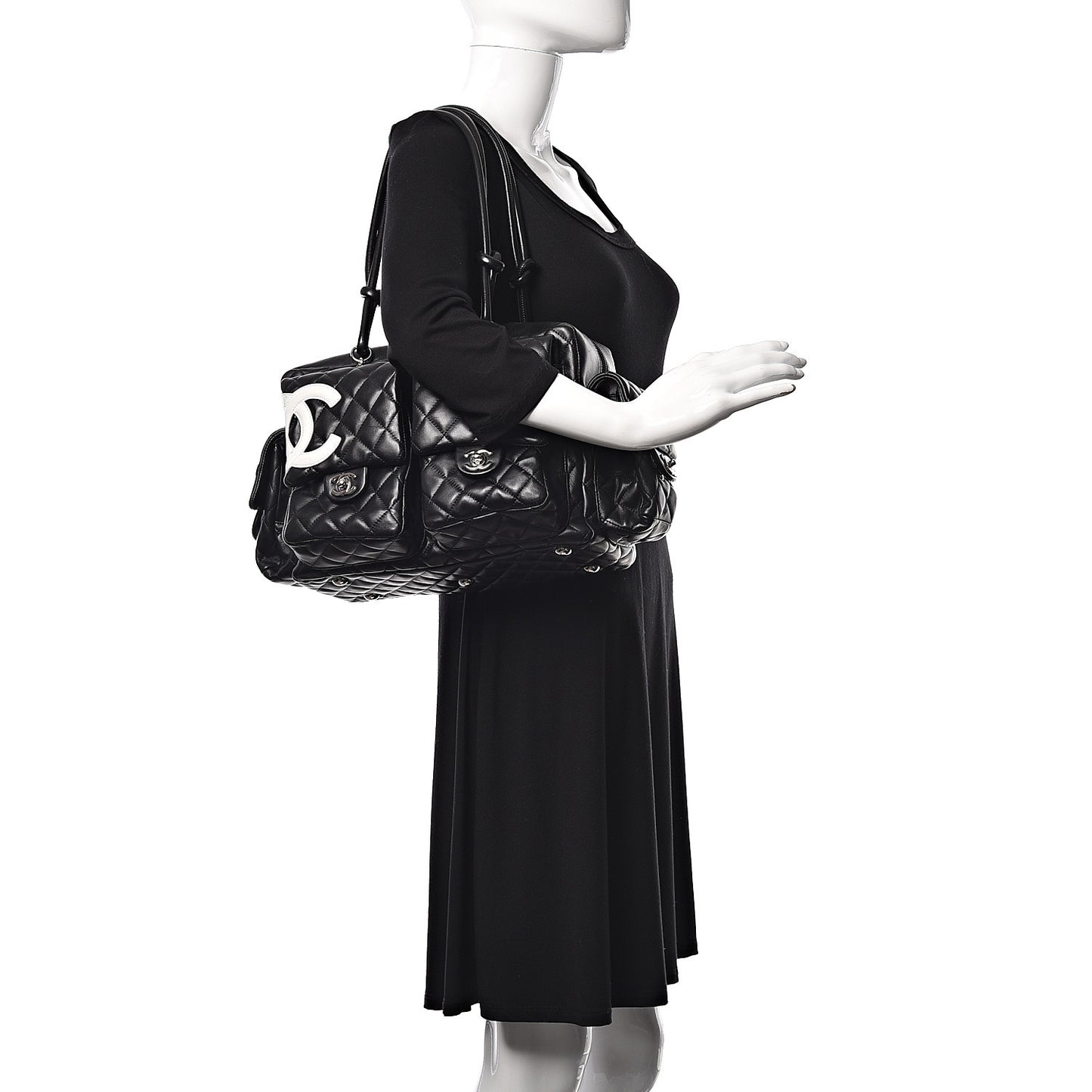 Calfskin Quilted Large Cambon Multipocket Reporter Black White